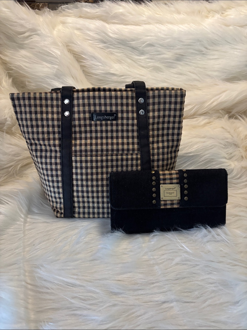 Longaberger Checkered Tote in Black and Tan with wallet